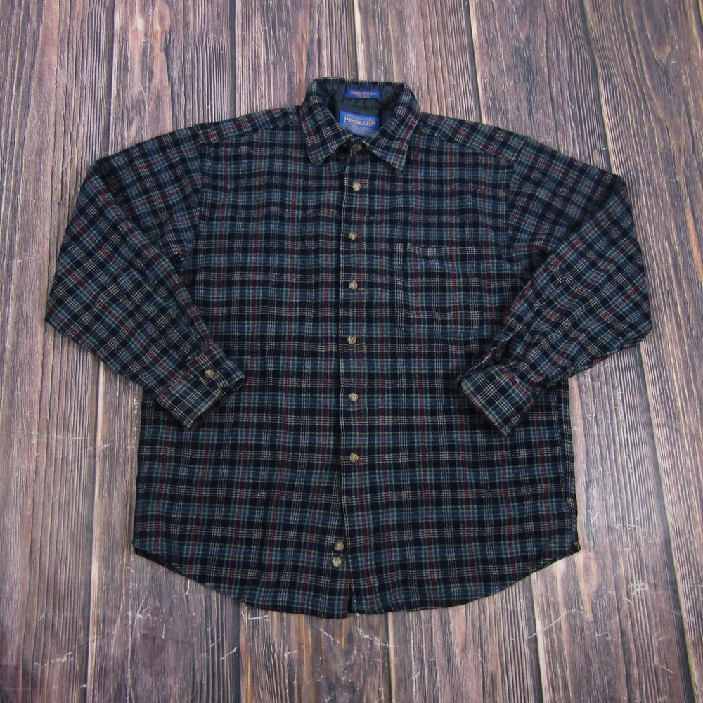 Pendleton Mens Large Blue Plaid Wool Flannel Button Up Shirt Vintage USA Lined